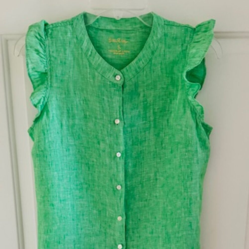 Lilly Pulitzer Green Linen Sleeveless Button Down Ruffle Top S NWOT